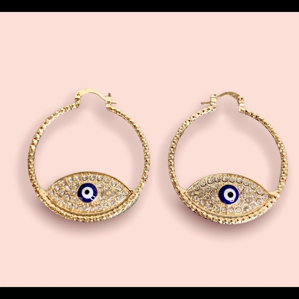 Blue Evil Eye Hoops, 18k Gold Plated, Ojo Turco, Ojo Azul